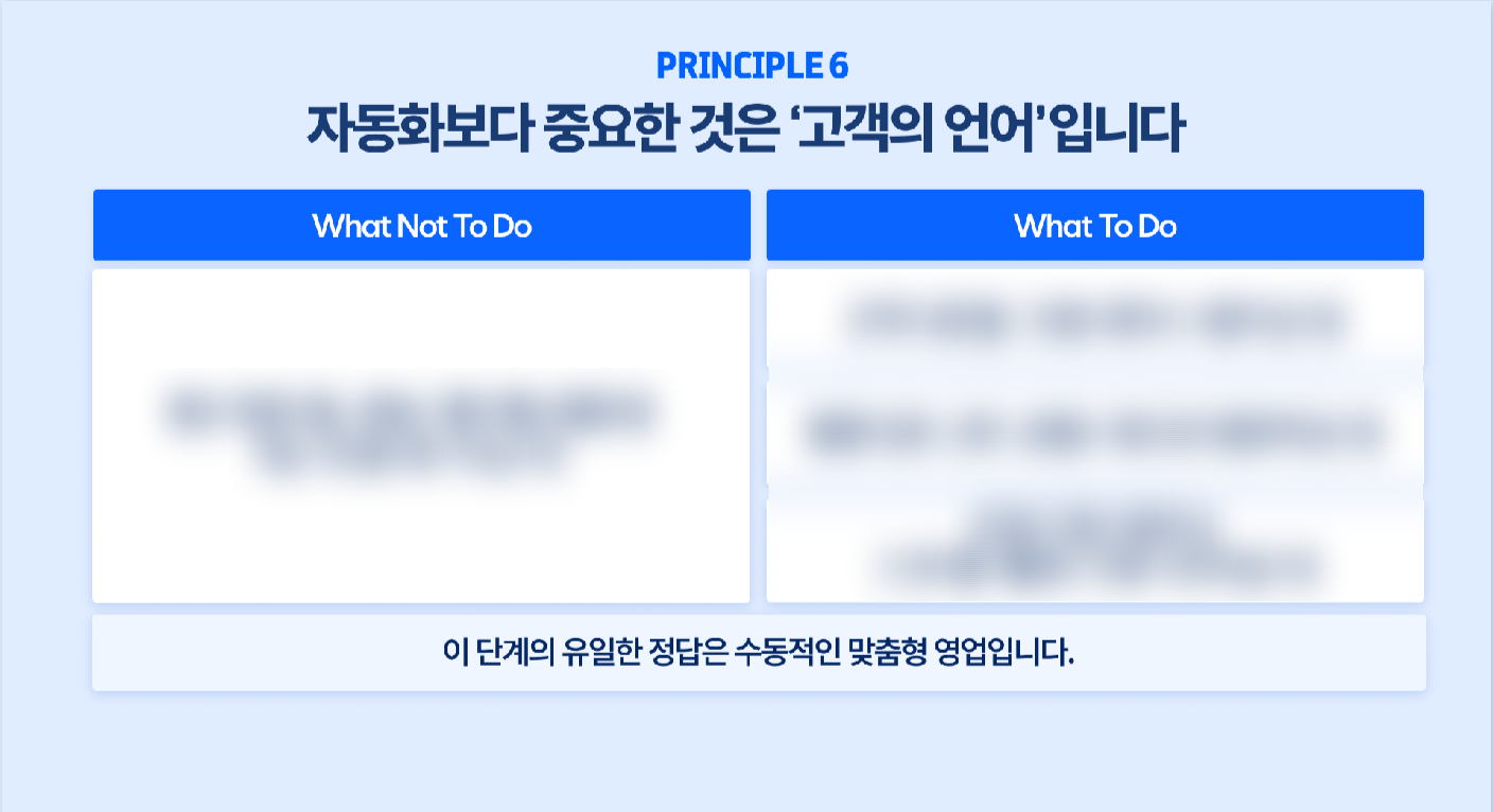 Principle 6: 자동화보다 중요한 것은 '고객의 언어'입니다. What Not To Do와 What To Do를 비교하며, 이 단계의 유일한 정답은 수동적인 맞춤형 영업임을 설명하는 슬라이드