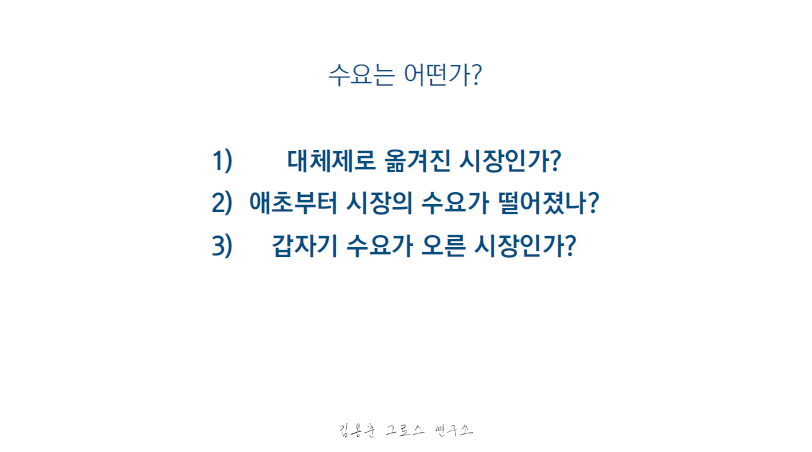 시장 수요 판단 기준 - 대체제 이동, 수요 하락, 급격한 수요 상승 시장 분석